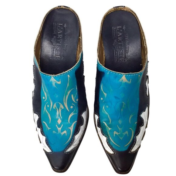 L'Artiste Spring Step Fun Mule Western Sz 37 6.5-7 Black Turquoise Hand Painted - Picture 6 of 12
